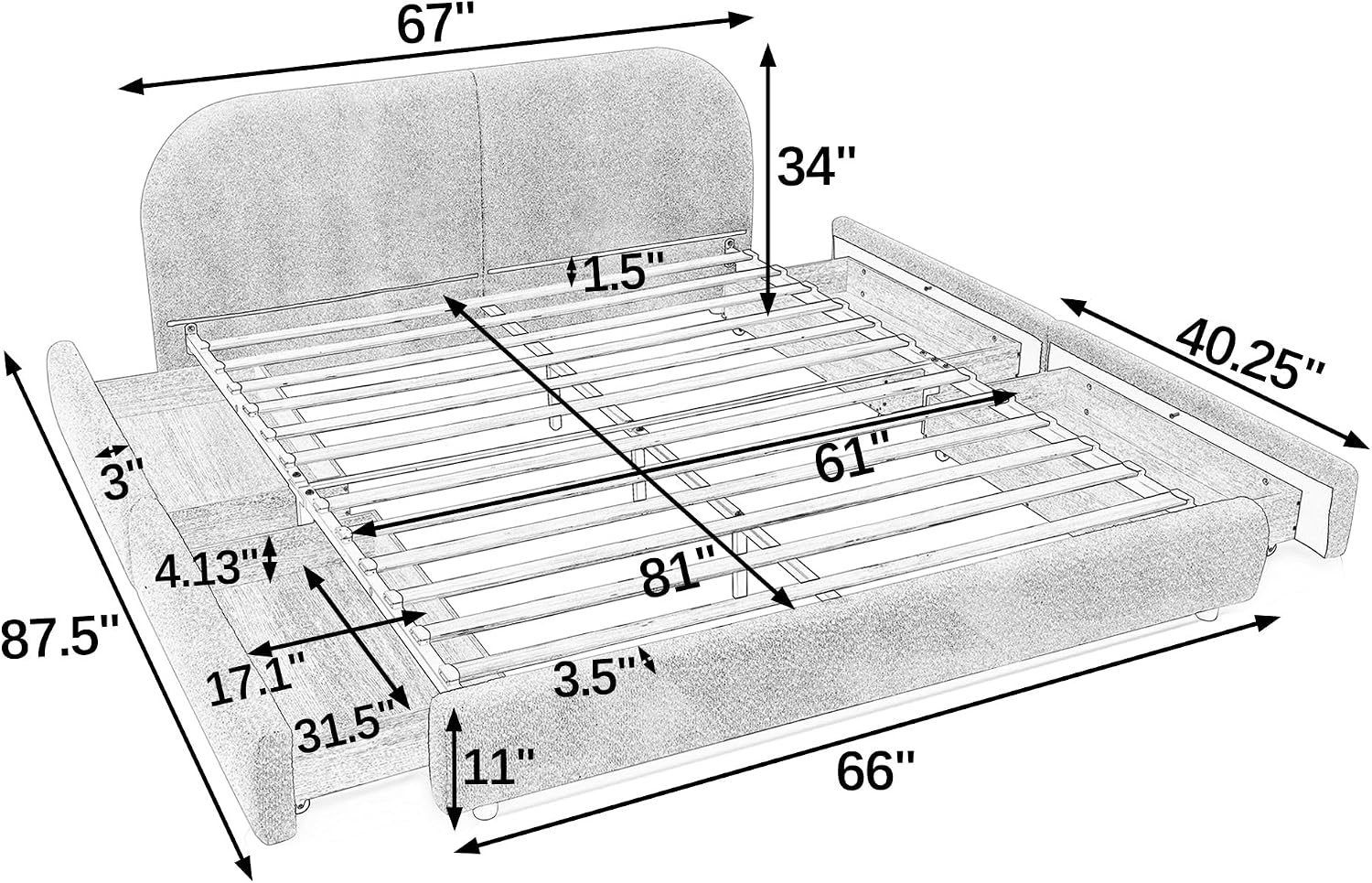 Queen Size Floor Bed Frame with 4 Wheeled Storage Drawer and Tall Curved Headboard, Modern Minimalist Style Upholstered Platform Bed Frame, Wooden Slats Support, Easy Assembly, Green