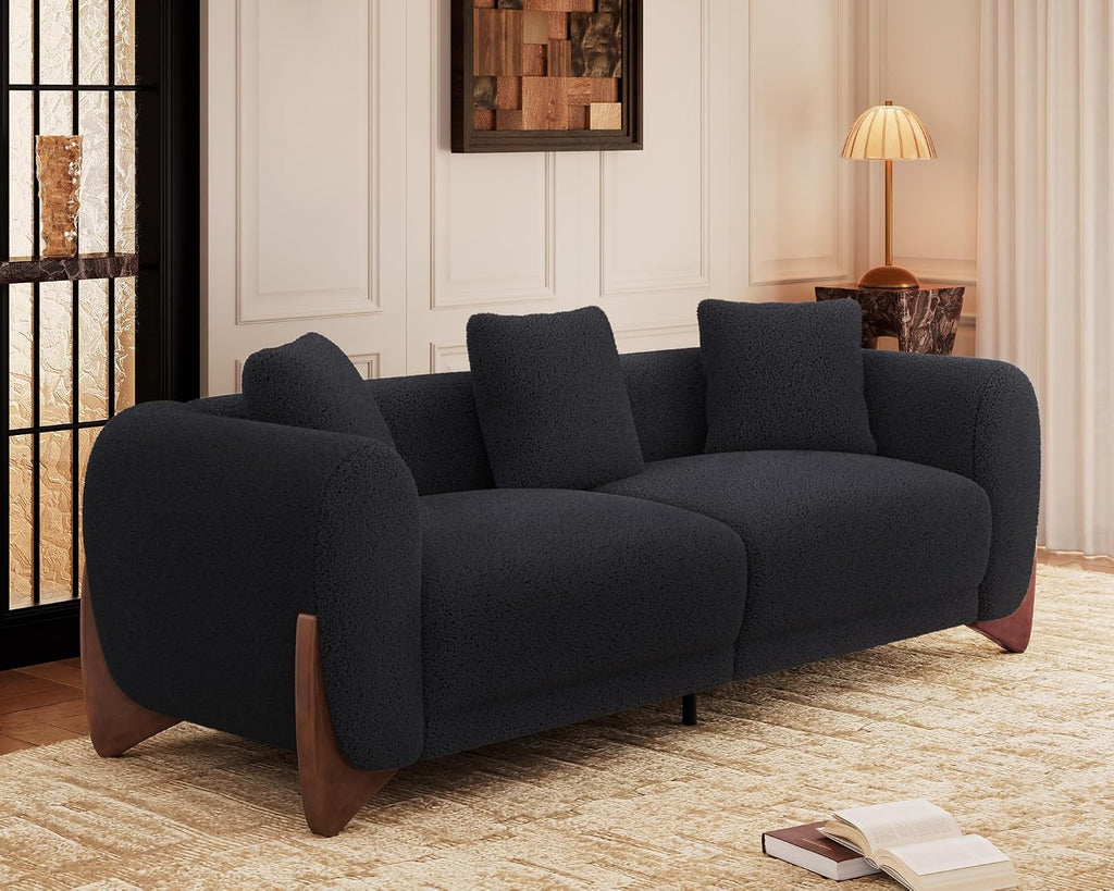 Morden Fort 2 Piece Cloud Couch Set, Modern Sherpa Boucle Sofa Set with Wood Legs, Skin-Friendly Minimalist Upholstered Comfy Couch Sofas for Living Room, 3-Seater Sofa & Tilt Back Chair, Black