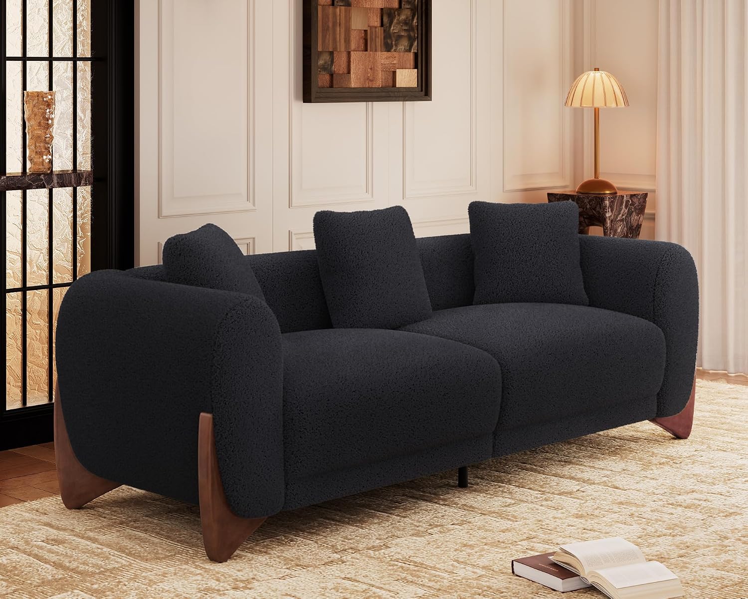 Morden Fort 2 Piece Cloud Couch Set, Modern Sherpa Boucle Sofa Set with Wood Legs, Skin-Friendly Minimalist Upholstered Comfy Couch Sofas for Living Room, 3-Seater Sofa & Tilt Back Chair, Black