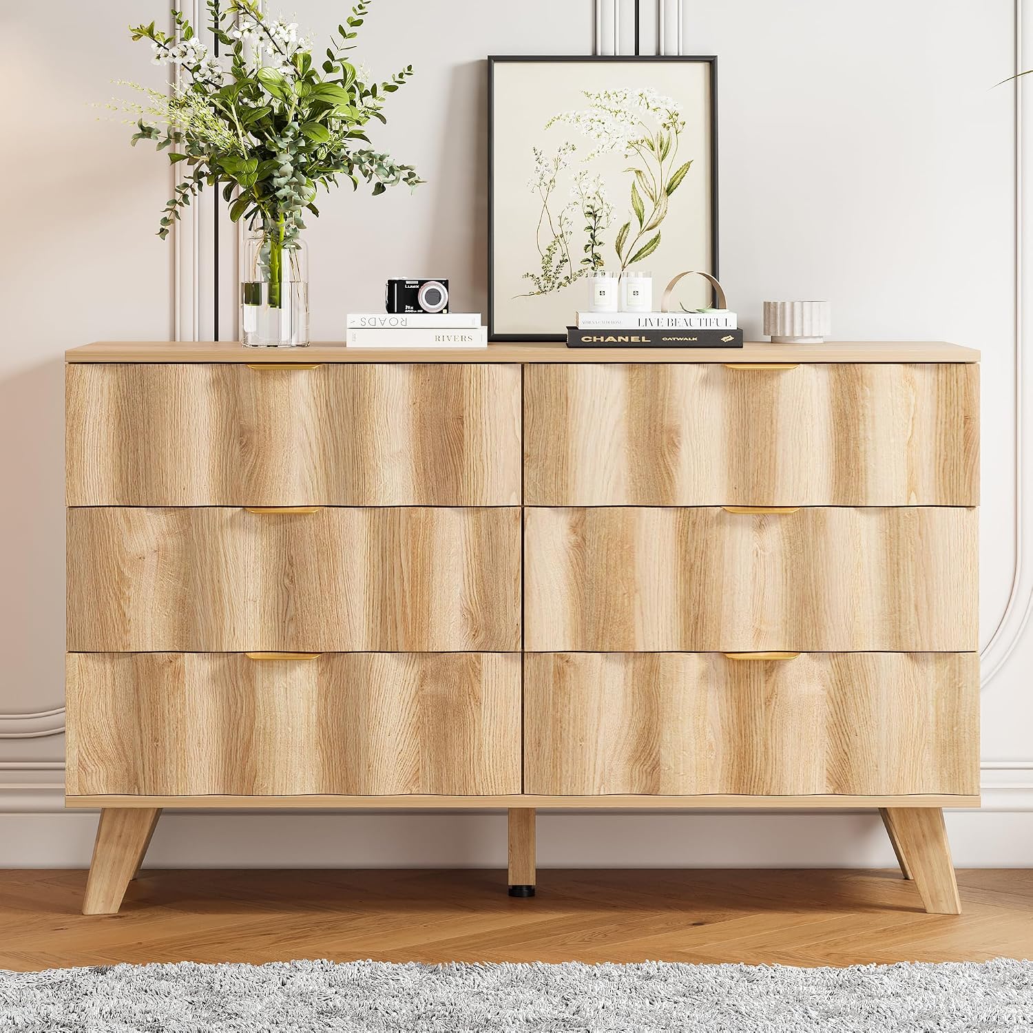 6 Drawer Dresser, Modern Fluted Storage Dresser with Deep Drawers and Metal Handles, Wood Chest of Drawers Storage Organizer for Bedroom, Living Room, Hallway (Natural)