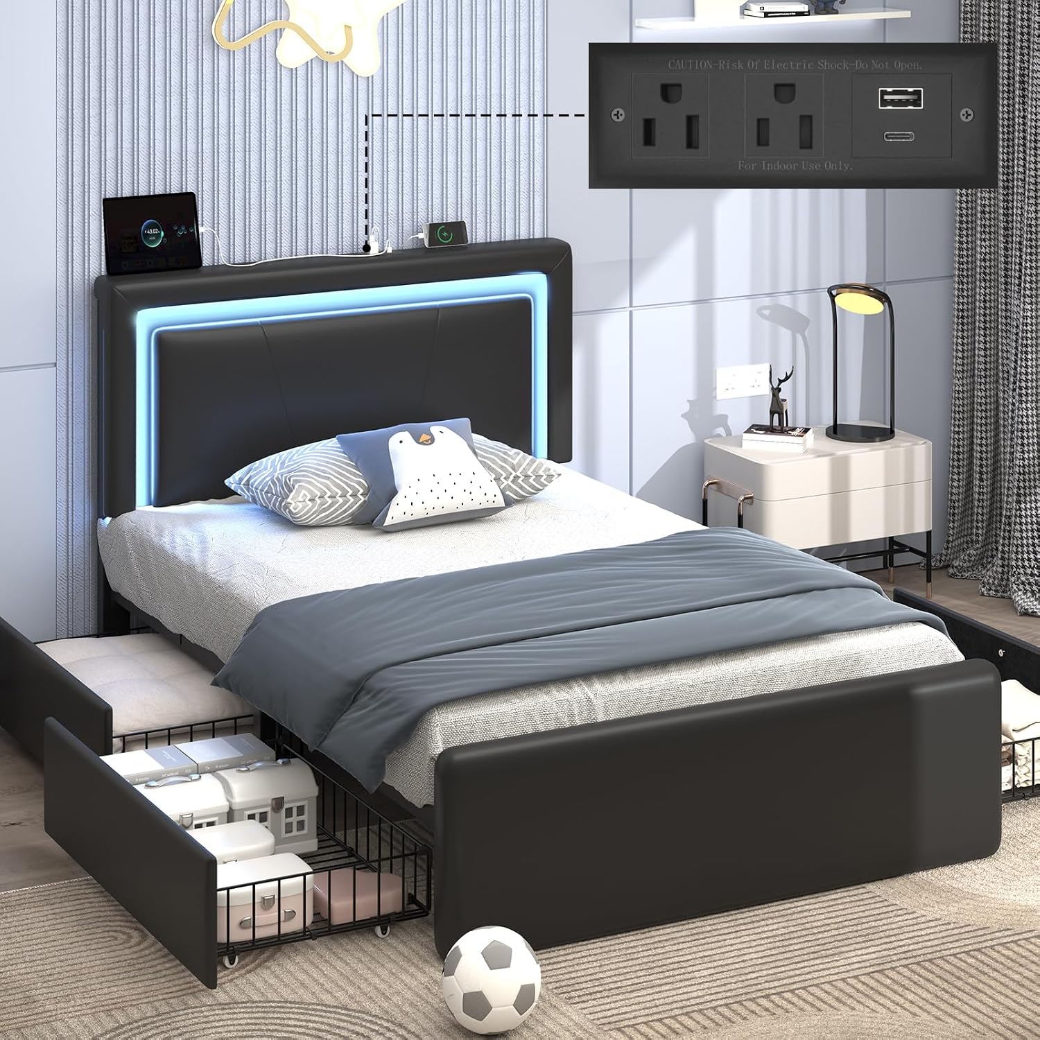 Twin Size Bed Frame with 4 Storage Drawers and LED Lights, Upholstered Platform Bed with Adjustable Headboard and Charging Station, Metal Slats Support, No Box Spring Needed,Easy Assembly, Black
