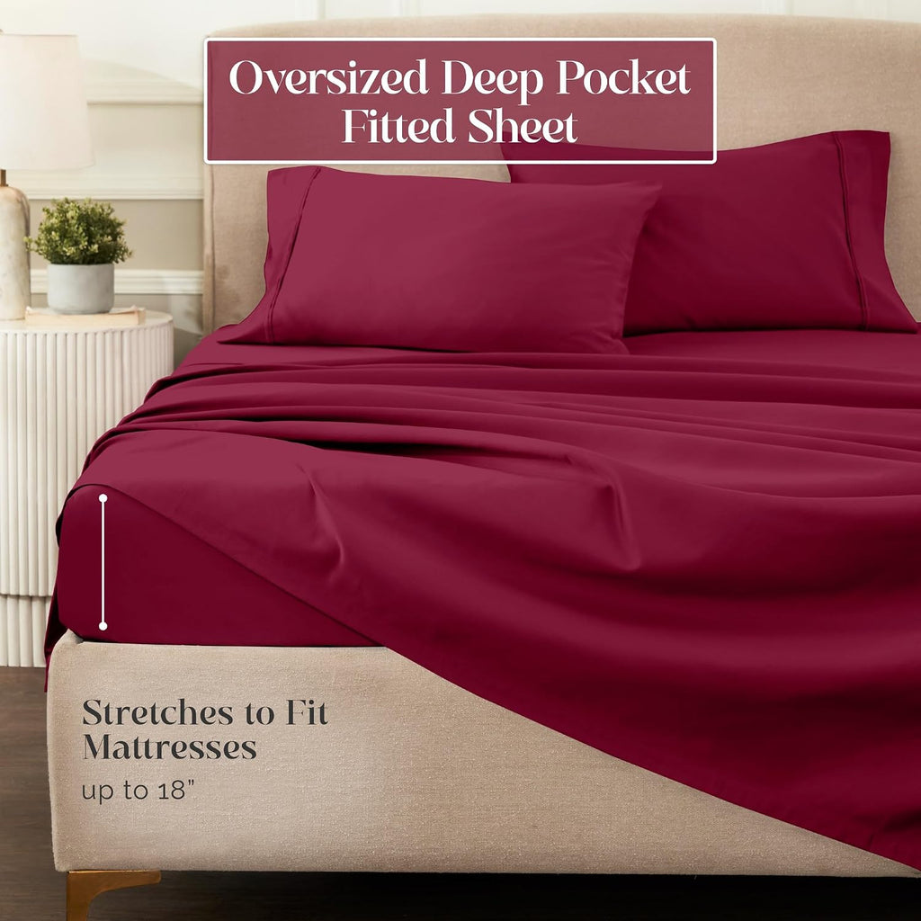 Superior 1200 Thread Count Egyptian Cotton Sheet Set, Bedroom Sheets, Modern Home Essentials, Luxury Bedding, 1 Elastic Deep Pocket Fitted Bed Sheet, 1 Flat Sheet, 2 Pillowcases, King, Burgundy