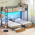 Triple Bunk Bed with Storage Drawers and Bedside Shelf, Twin Over Twin Bunk Bed for Kids/Teens with LED Lights and Charging Station, Heavy Duty Metal Bunk Beds with Safety Guardrail and Ladder, Black