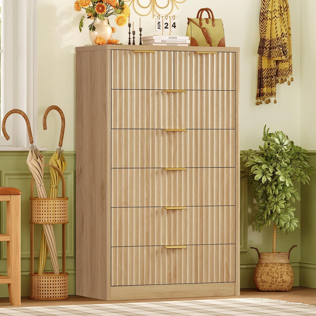 TEENFON 48' Tall Dresser for Bedroom with 7 Drawers, Dressers & Chests of Drawers with Metal Handle, Fluted Dresser, Wood Closet Clothes Storage Organizer for Bedroom, Hallway, Natural