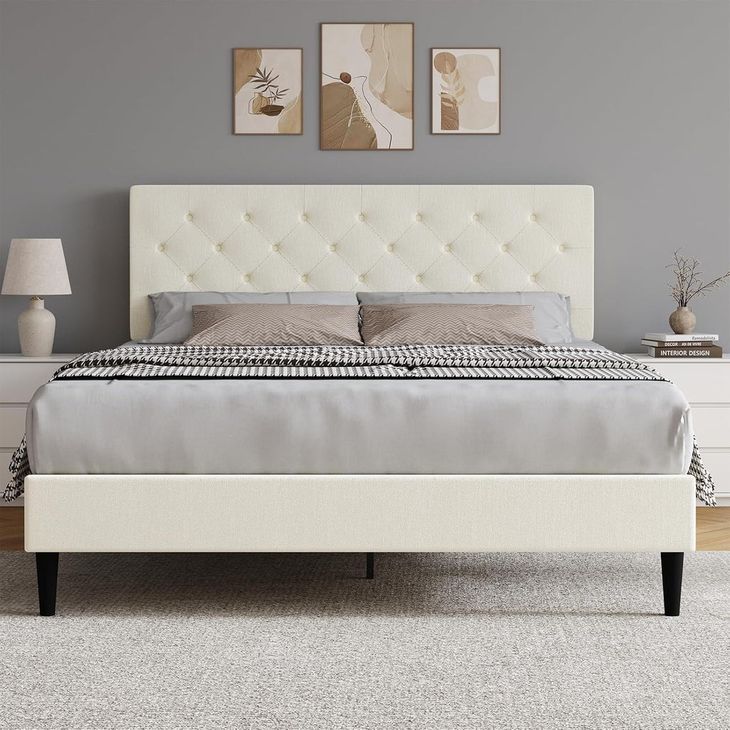 HOMBCK Queen Bed Frame, Linen Fabric Upholstered Platform Bed Frame, Button Tufted Bed Frame Queen Size, Wooden Slat Support, No Box Spring Needed, Easy Assembly, Cream
