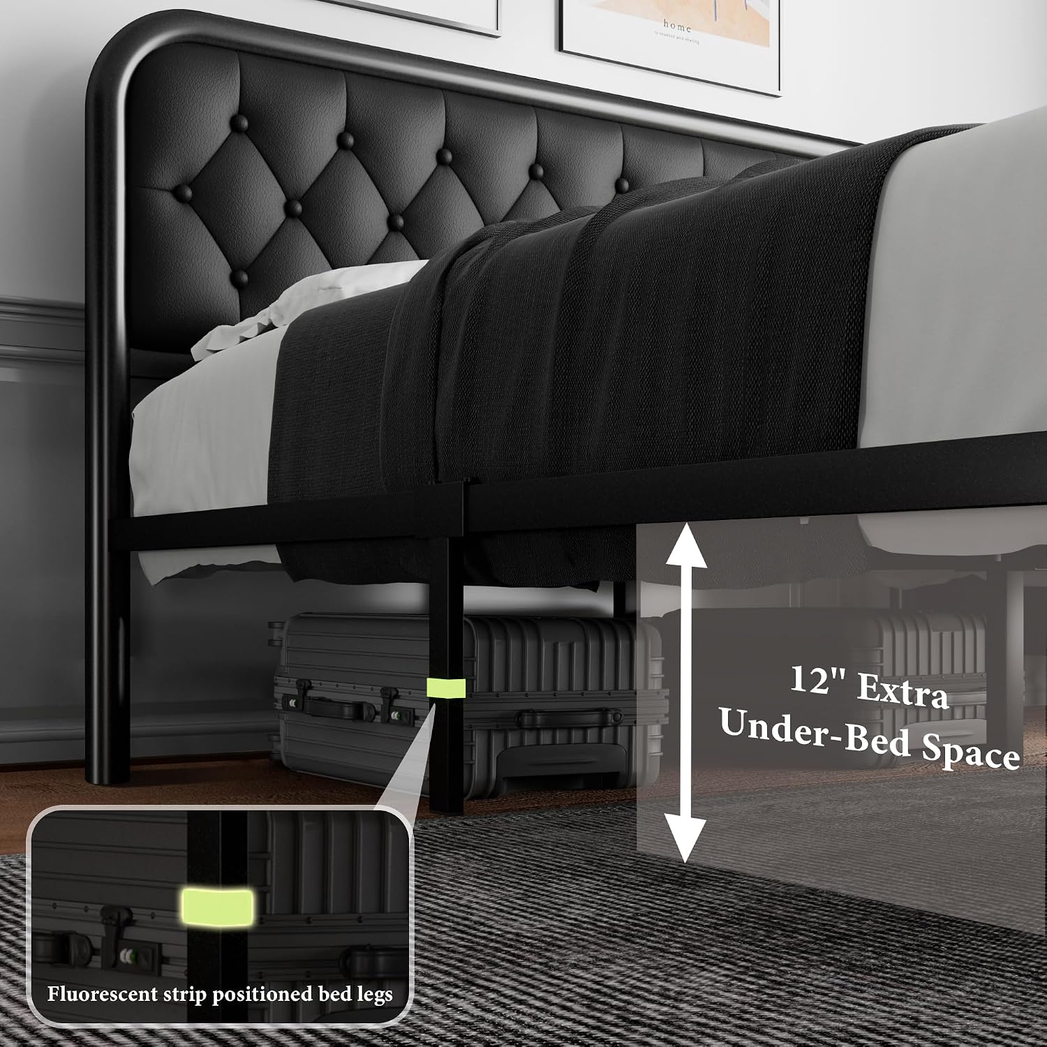 iPormis King Size Metal Bed Frame with Leather Headboard, Heavy-Duty Platform Bed Frame, Thicker Metal Steel Slats Support, 12'' Under-Bed Space, Noise-Free, Easy Assembly, Matte Black
