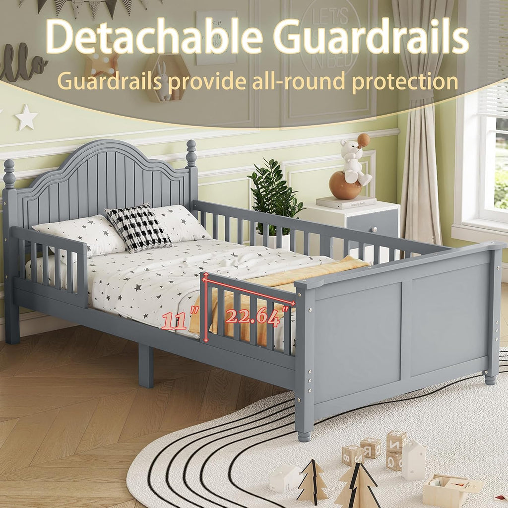 Twin Kids Bed Frame with Full-Length Guardrails, Low Profile Wood Platform Bed with Headboard & Footboard, Removable Safety Rails, 6.7' Under-Bed Storage, Roman Column Design, Twin Size, Gray