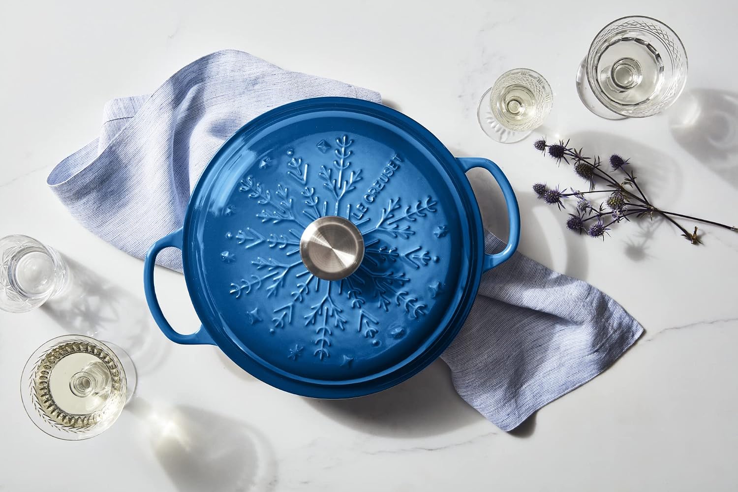 Le Creuset Noel Collection: Signature Cast Iron Braiser Embossed Snowflake w/Stainless Steel Knob, 2.25 qt., Marseille