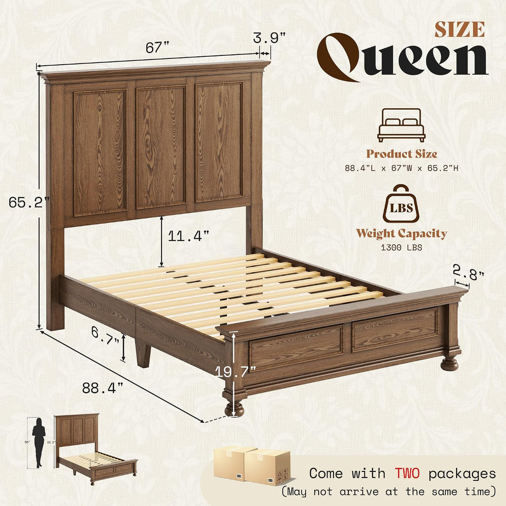 AMERLIFE Solid Wood Queen Bed Frame with 65.2' High Headboard, Traditional Platform Bed with Heavy Duty Slats, No Box Spring Needed, Easy Assembly, Light Brown