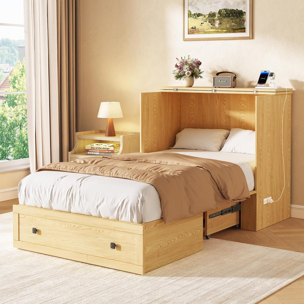LIVAUVEAD Murphy Bed with Built-in Charging Station, Space-Saving Murphy Bed Chest Twin with Drawer, Foldable, for Home Office Guest Room Bedroom,Natural