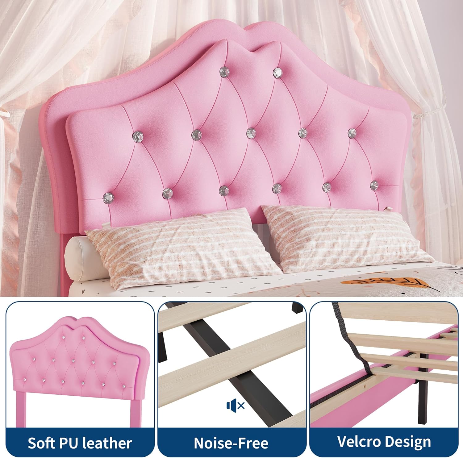 Garvee Twin Size Bed Frame with LED Lights & Velvet Crystal Button Headboard, Upholstered Princess/Girl Platform Bed with Storage Drawer, Noise Free, No Box Spring Needed for Kids, Teens, Pink
