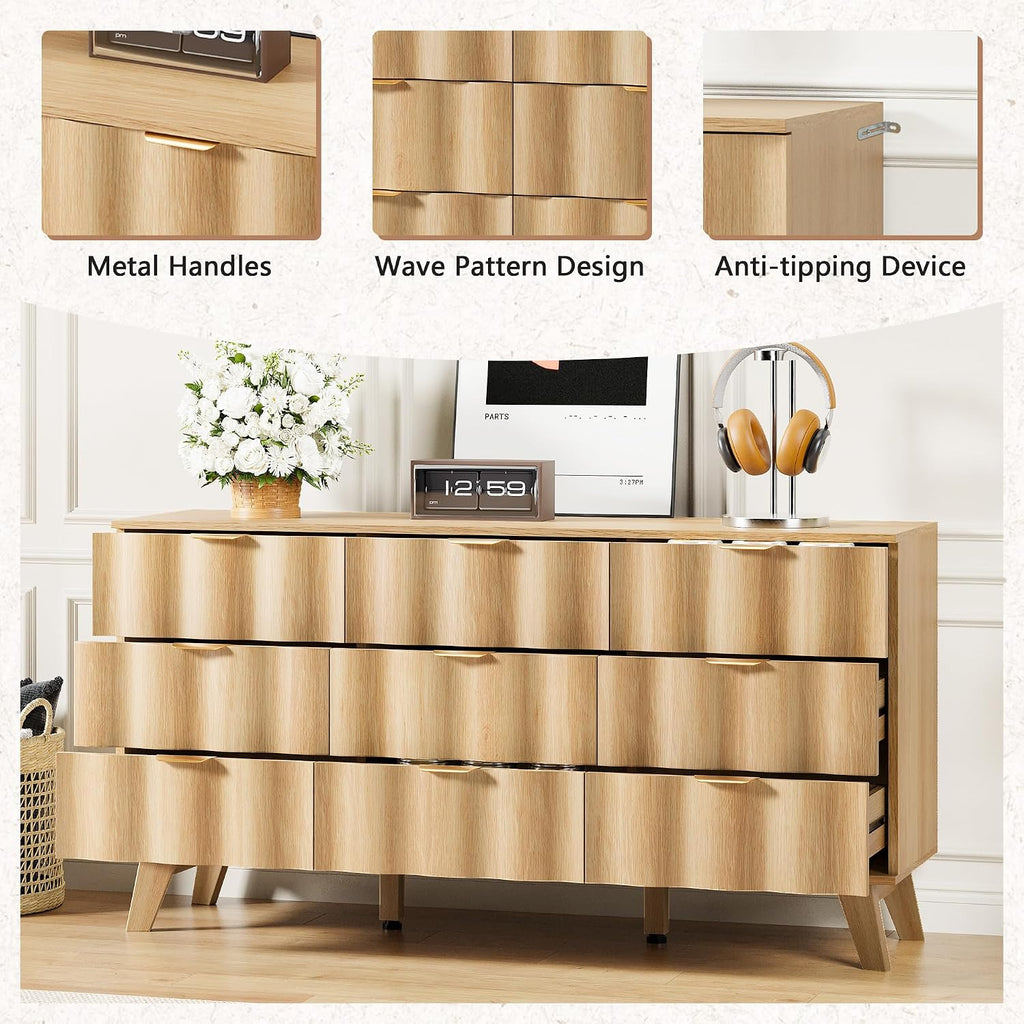 9 Drawer Dresser, Modern Fluted Storage Dresser with Deep Drawers and Metal Handles, Wood Chest of Drawers Storage Organizer for Bedroom, Living Room, Hallway (Natural)