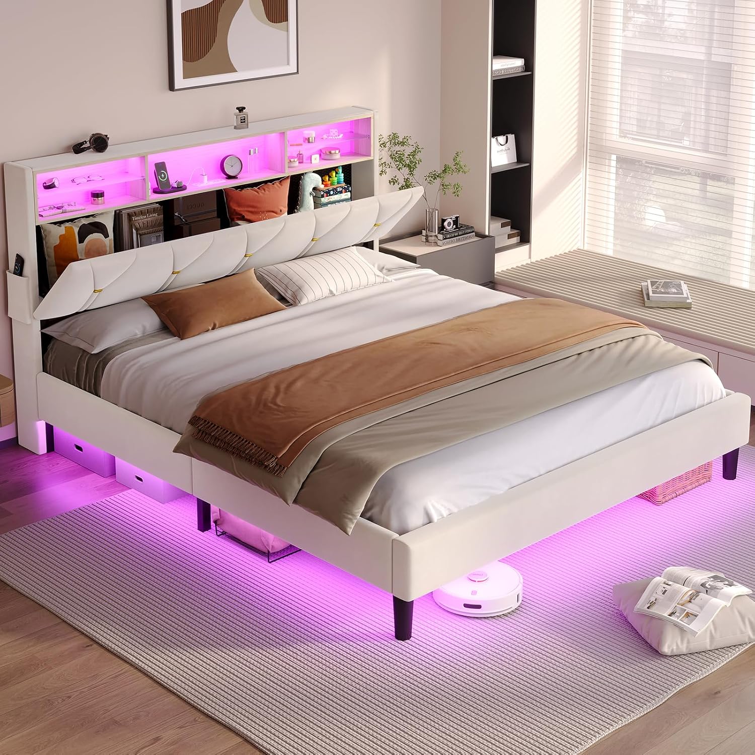 BTHFST Queen Bed Frame with Headboard Storage & LED Lights, Platform Bed Frame Queen Size with Charging Station, Velvet Upholstered Bed with Shelf Headboard, No Box Spring Needed, Creamy White