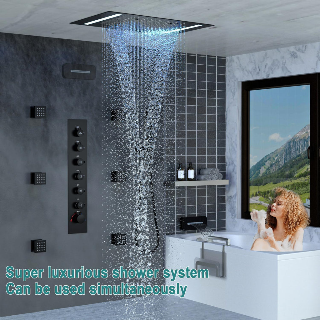 HOMEDEC LED Multi Functions Full Body Shower System with 6pcs Body Jets Spray with（Up/Down ）Shower Spout, Large 3 In 1 Functions 14x20inch Showerhead, Rainfall Mist Shower Faucet Set Complete, Black