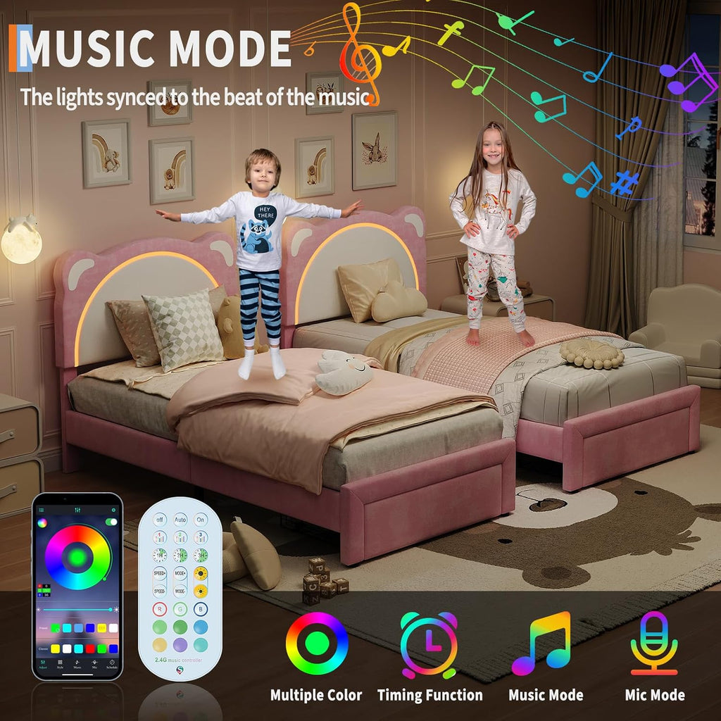 IDEALHOUSE Twin XL Size LED Bed Frame with Storage Drawers,Adjustable Headboard with Cute Bear Design,Soft Velvet Fabric Bed Frame for Kids,Solid Wood Slat Support,Noise-Free,Easy Assembly,Pink
