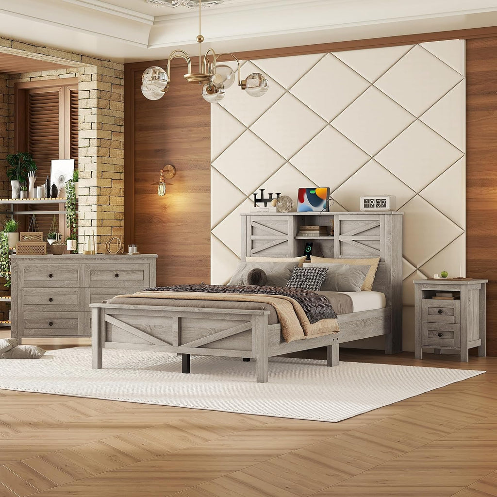 Ball & Cast 3-Piece Full Size Farmhouse Bedroom Set, Platform Bed with Sliding Door Storage Headboard & Charging Station, Nightstand and Dresser Set, Wood Bedroom Furniture Set, Antique Gray