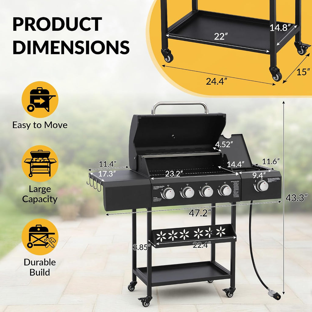 MAGIC UNION 4-Burner Propane Gas Grill with Side Burner, Portable Outdoor BBQ Grill with Wheels, Stainless Steel Grates, Side Tables & Spice Rack, 50000 BTU for Patio, Camping & Outdoor Cooking
