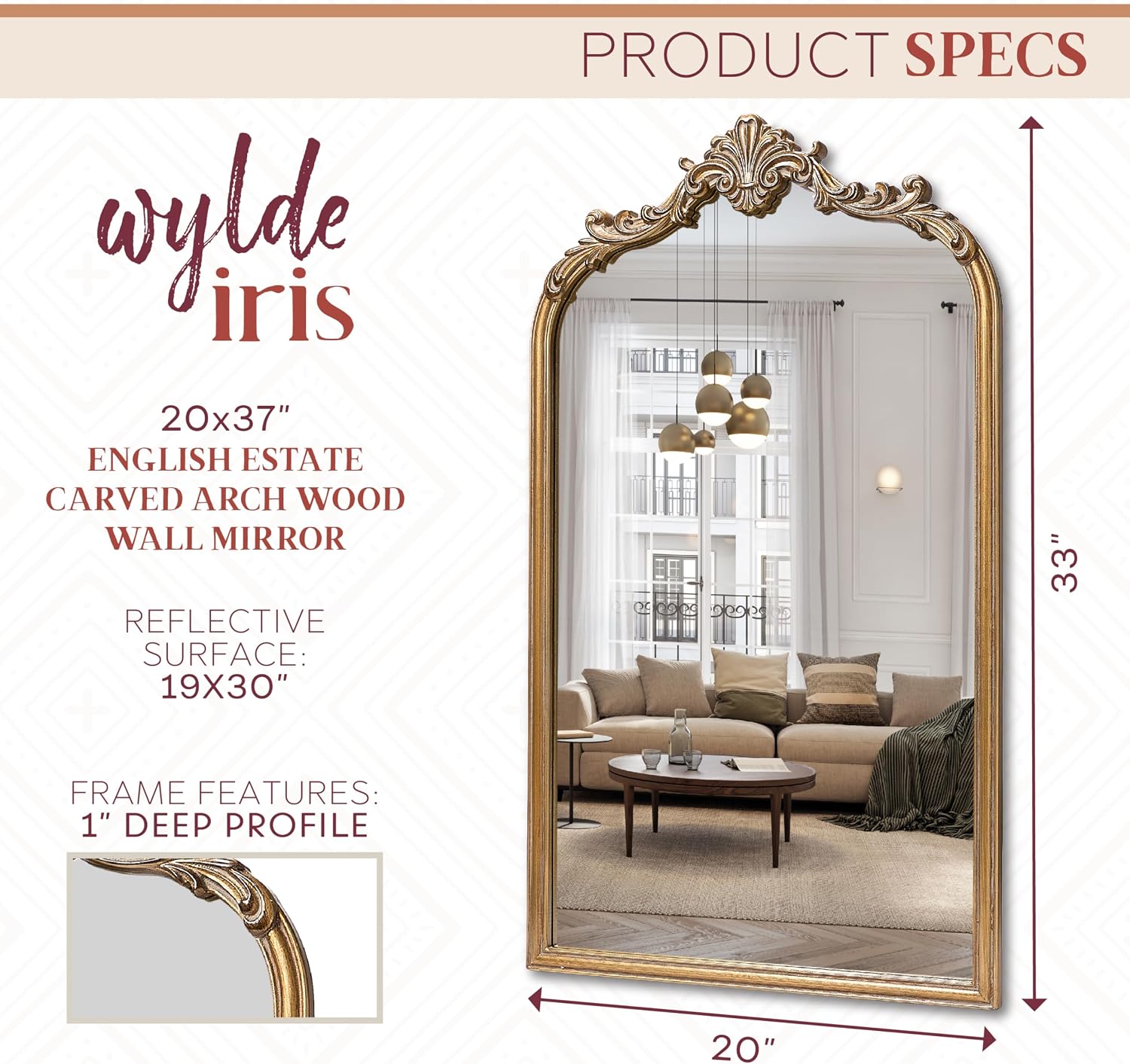 Wylde Iris English Estate Carved Arch Wood Wall Mirror, Mirror for Entryway, Living Room, Bathroom, Antique Gold, 20.4x33