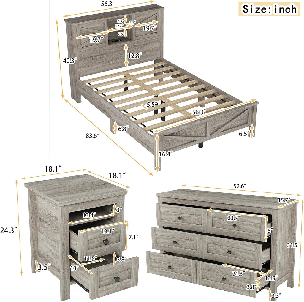Ball & Cast 3-Piece Full Size Farmhouse Bedroom Set, Platform Bed with Sliding Door Storage Headboard & Charging Station, Nightstand and Dresser Set, Wood Bedroom Furniture Set, Antique Gray