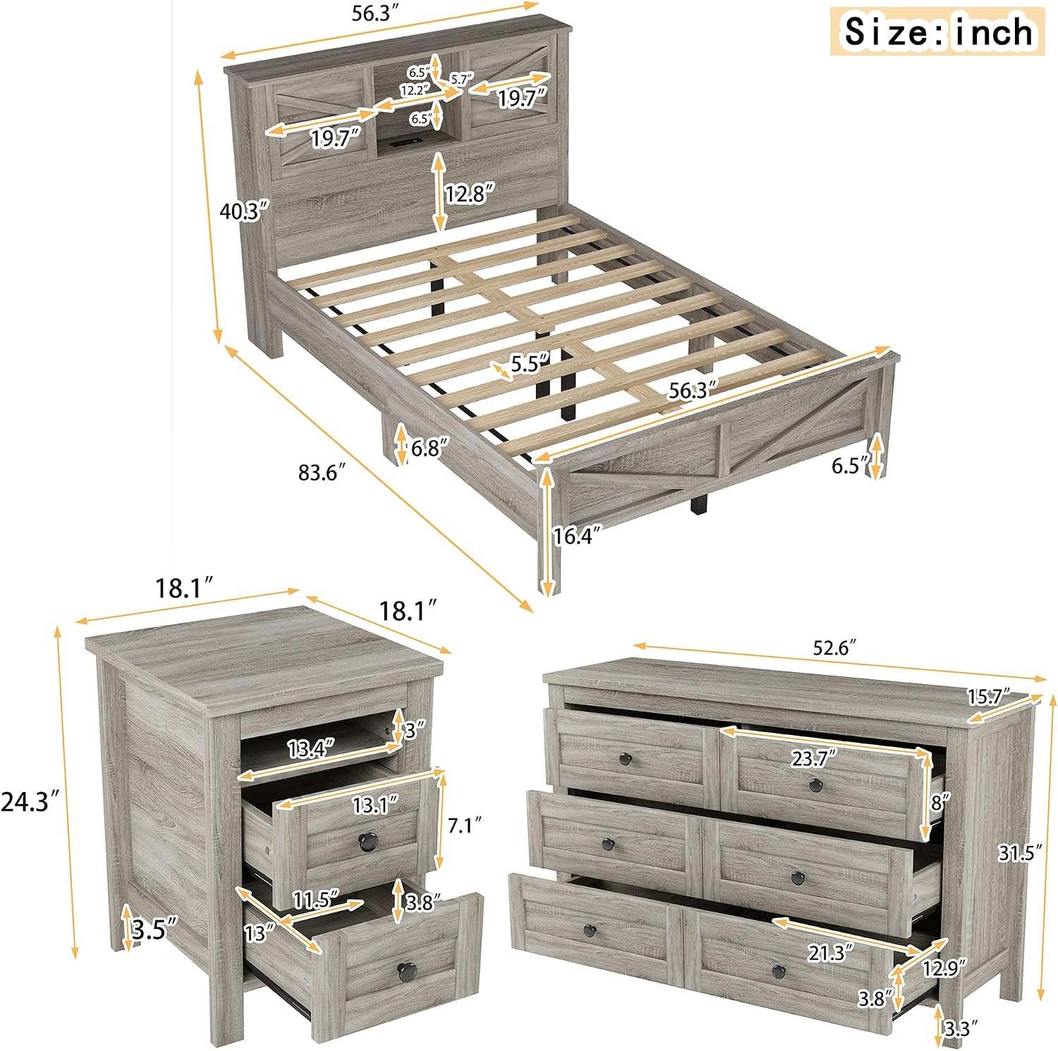 3-Pieces Full Size Bedroom Sets, Farmhouse Platform Bed with Double Sliding Door USB Storage Headboard, 3PCS Bedroom Sets with Cabinet and Nightstands, Kids Adults, Gray
