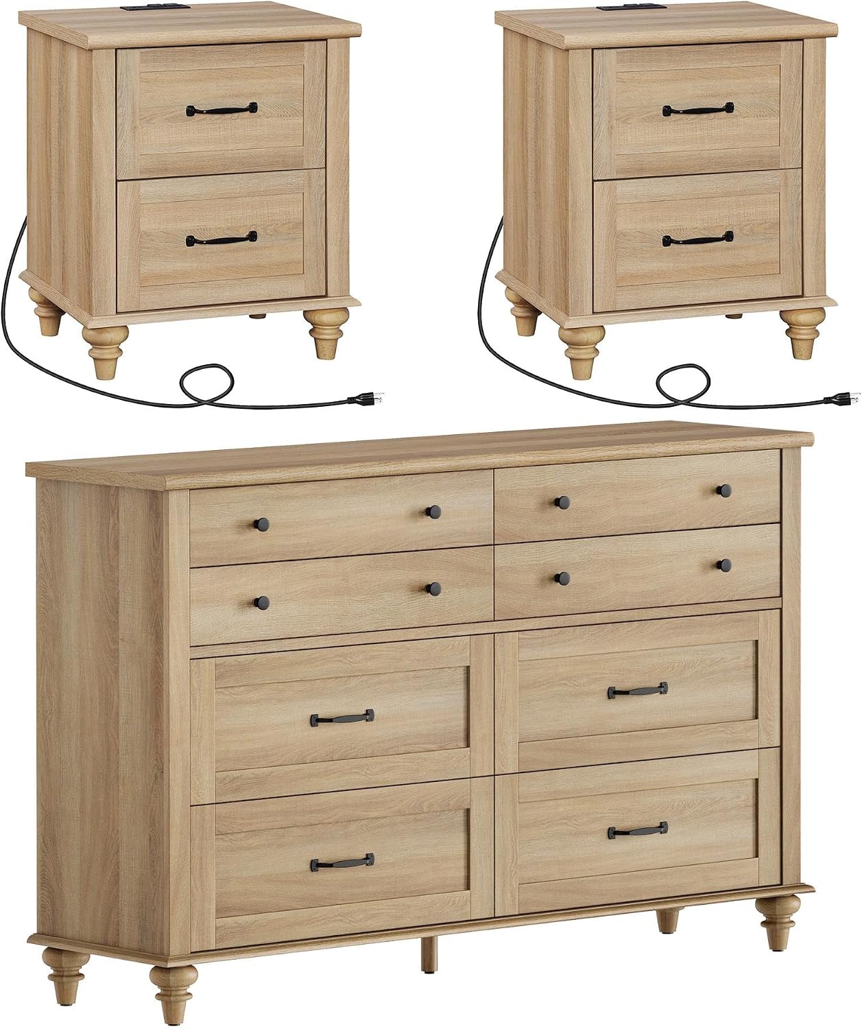 WAMPAT 3 Piece Bedroom Set - Includes 8 Drawer Dresser for Bedroom, Set of 2 Nightstands with Charging Station & Drawers, 3 Piece Dresser and Nightstand Sets, Oak