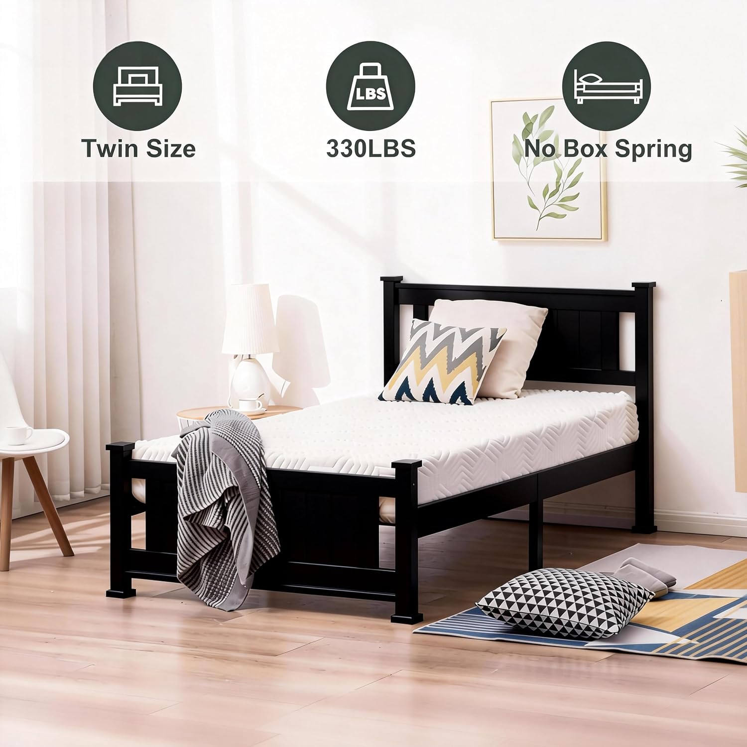 Bonnlo Twin Size Solid Wood Platform Bed Frame, Single Bed with Headboard, No Box Spring Needed Panel Bed, Wood Slat Support Mattress Foundation,Black