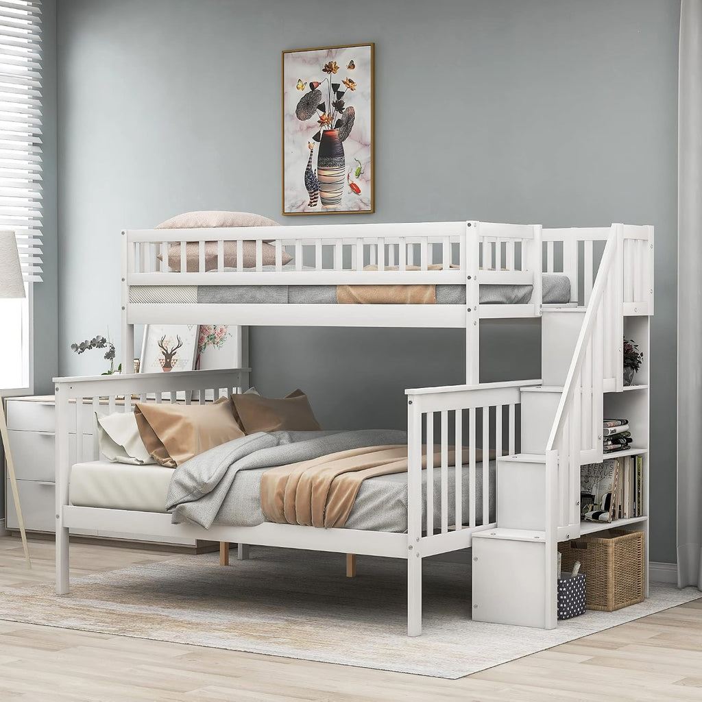 Harper & Bright Designs Twin Over Full Stairway Bunk Bed with Storage, Wood Bunk Bed Frame Can be Divided into Two Beds, White