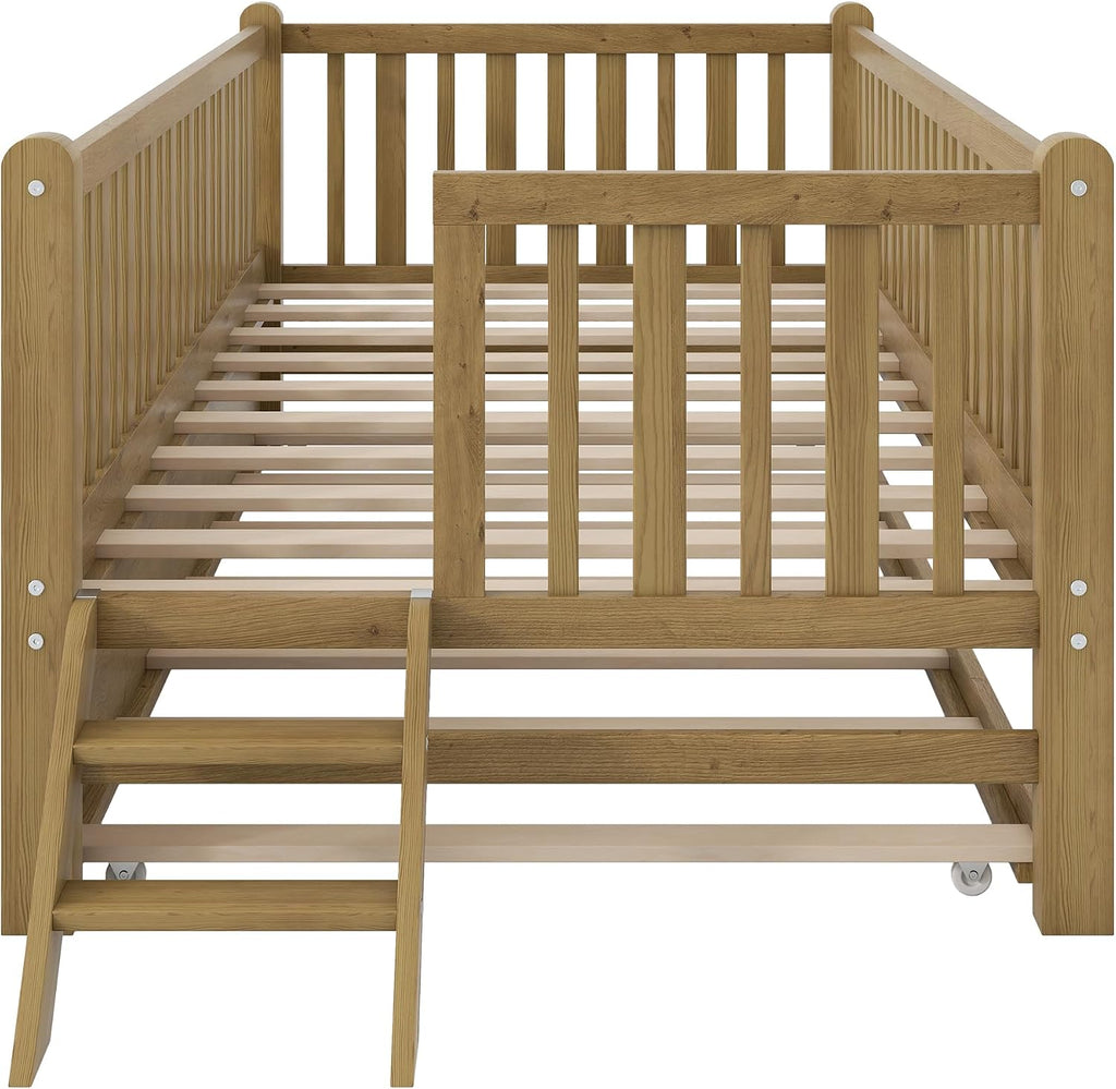VilroCaz Twin Size Platform Bed with Guardrail and Trundle, Wood Kids Platform Bed Frame with Two-Step Ladder for Boys Girls, Sturdy Slats Support (Walnut-1.26T)