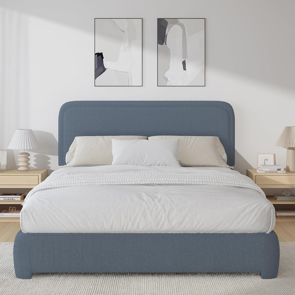 BarnFurin Full Size Bed Frame,Cloud Boucle Upholstered Platform Bed Frame with Headboard, Soft Rounded Corners, No Box Spring Required, Non-Slip and Noise-Free, Easy Assembly, Blue