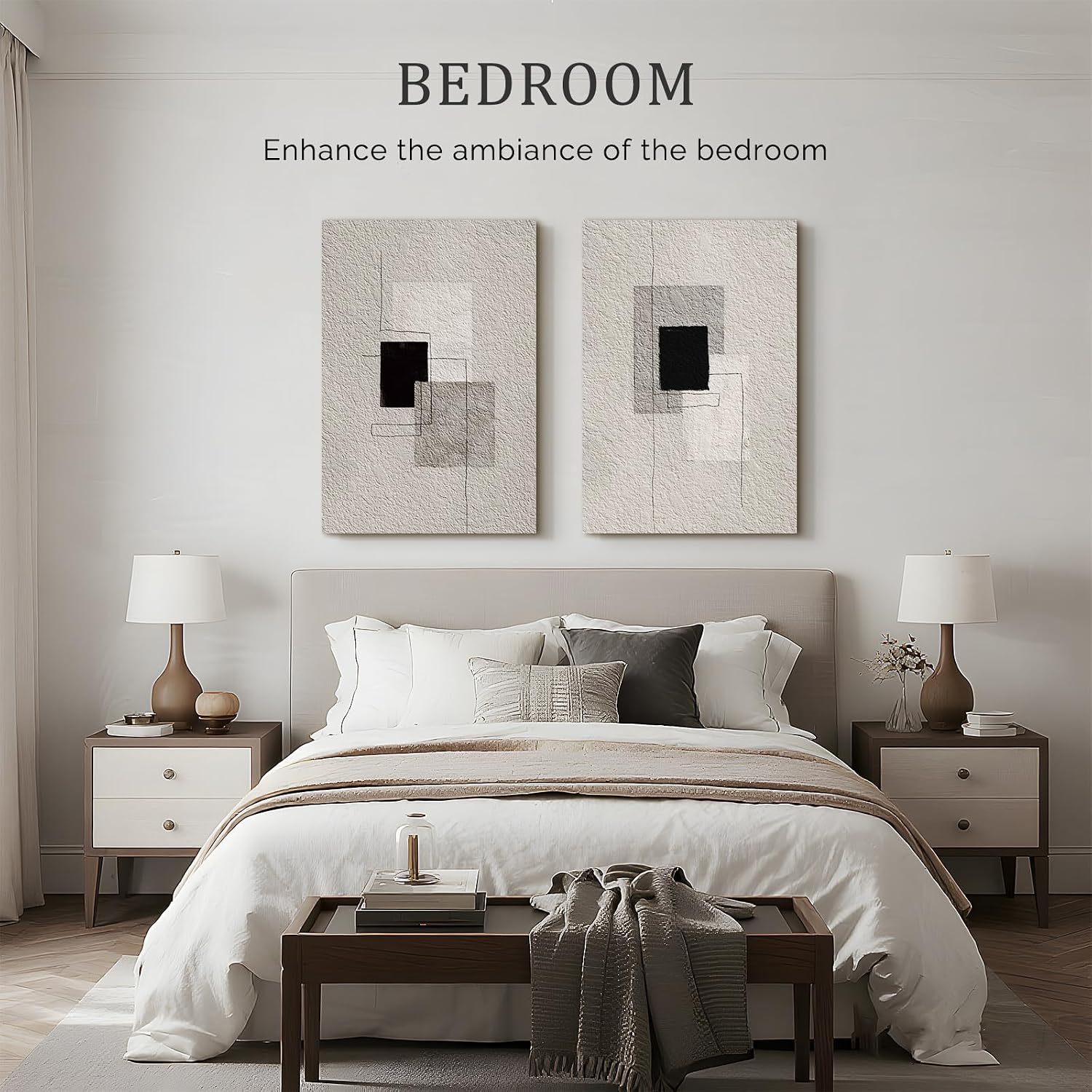 Bzstyleart Large Abstract Wall Art for Living Room, Set of 2 Modern Wall Art Minimalist Painting Neutral Artwork for Hallway Office Bedroom, Large Boho Abstract Artwork Lines & Blocks, 24 x 36 Inch