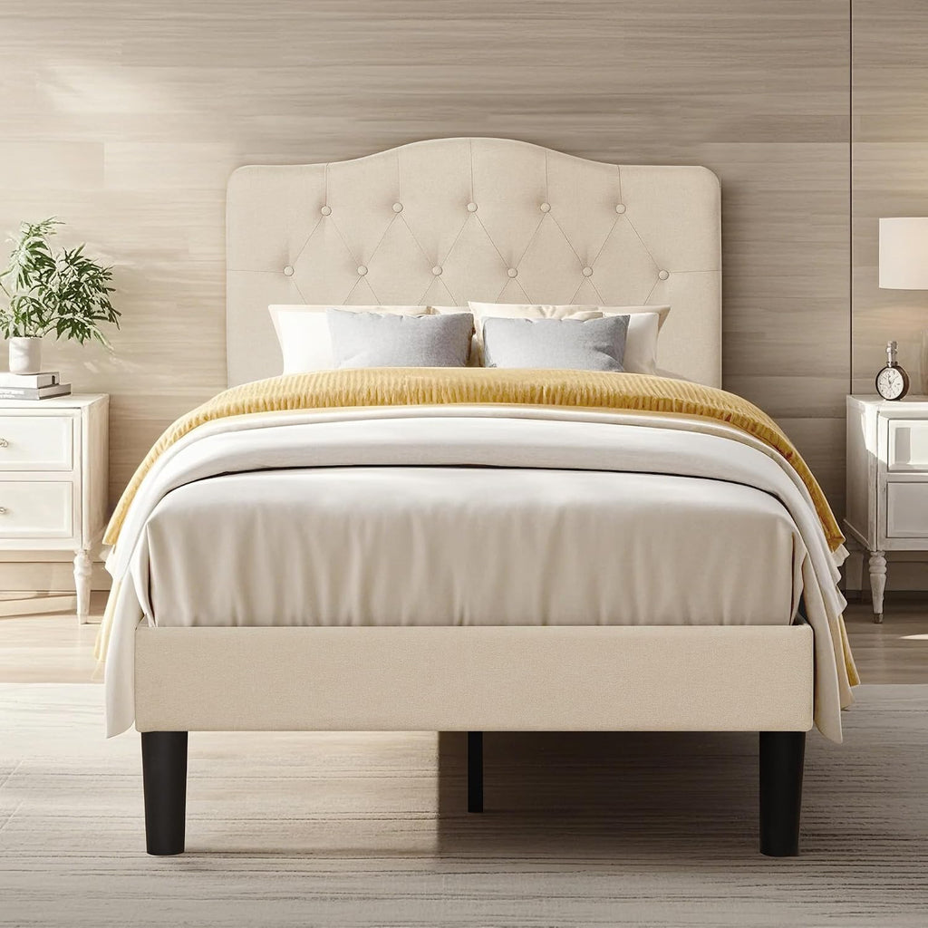 VECELO Twin Size Bed Frame Upholstered Platform with Tufted Adjustable Headboard/Mattress Foundation with Wood Slat Support, Easy Assembly,Beige