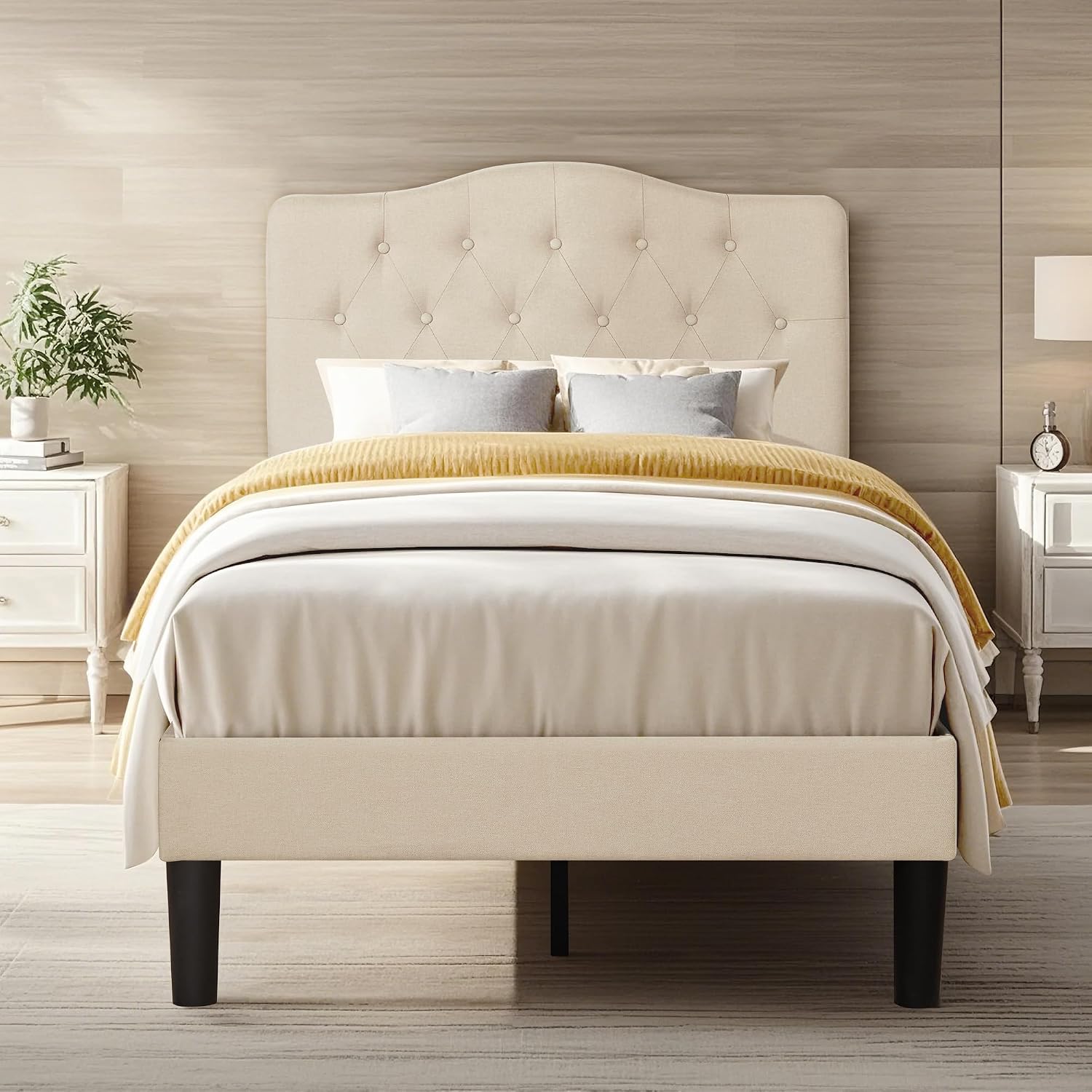 VECELO Twin Size Bed Frame Upholstered Platform with Tufted Adjustable Headboard/Mattress Foundation with Wood Slat Support, Easy Assembly,Beige