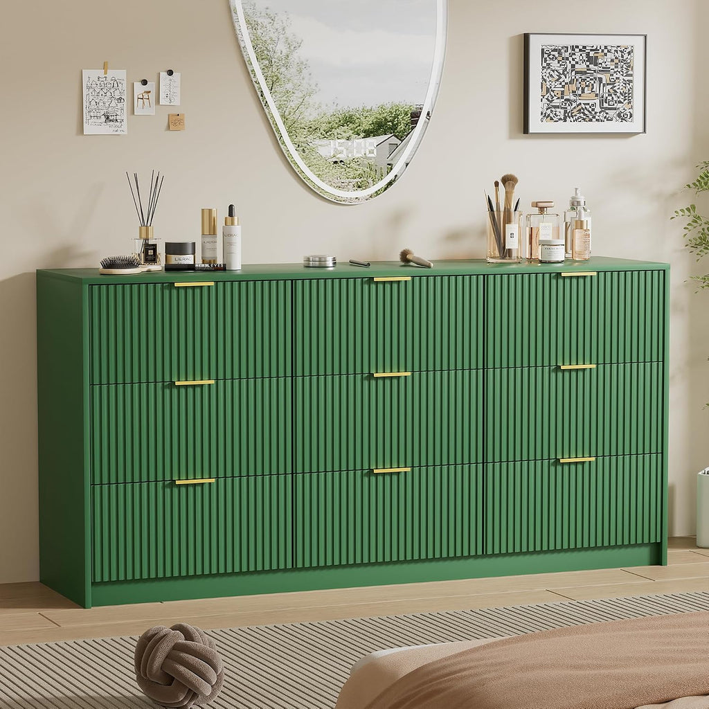 Furniway Green Dresser for Bedroom, Modern Dresser with 9 Drawers and Smooth Slides, Wide Chest of Drawers with Golden Handles for Bedroom, Living Room, Closet, 15.7' D x 63' W x 31.5' H