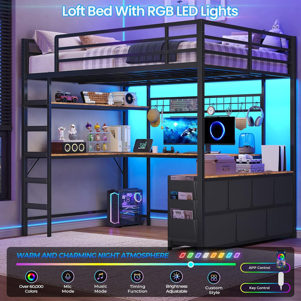 DICTAC Full Loft Bed with U-Shaped Desk,7 Storage Drawers and Charging Station,Metal Full Size Loft Bed with Led Lights and 2-Tier Storage Shelves,Teen loft Beds with Safety Guardrail & Stairs,Black