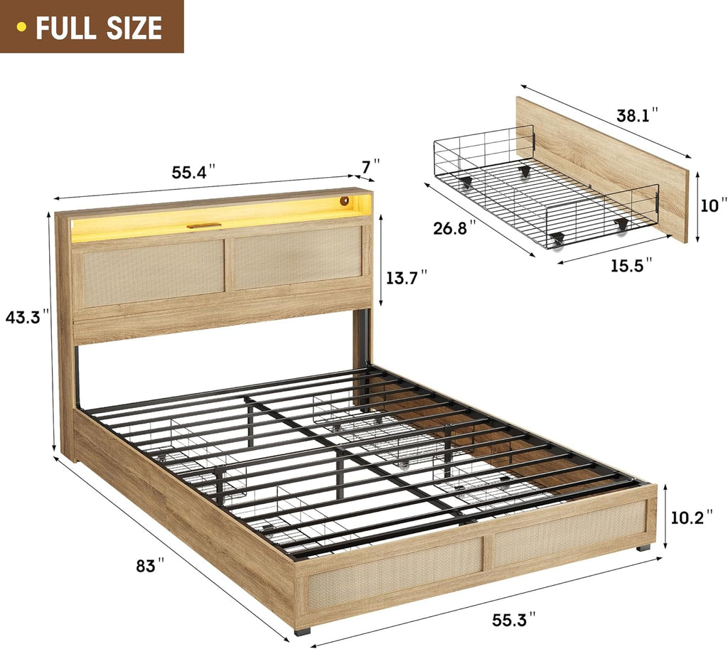 Maupvit Full Size Boho Bed Frame with Rattan Hidden Storage Headboard, LED Light and 4 Drawers, Charging Station, Metal Platform Bed, No Box Spring Needed,Brown