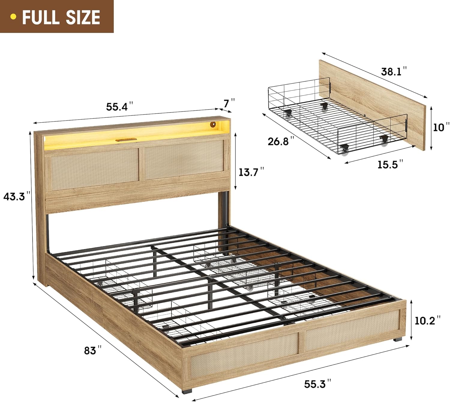 Maupvit Full Size Boho Bed Frame with Rattan Hidden Storage Headboard, LED Light and 4 Drawers, Charging Station, Metal Platform Bed, No Box Spring Needed,Brown