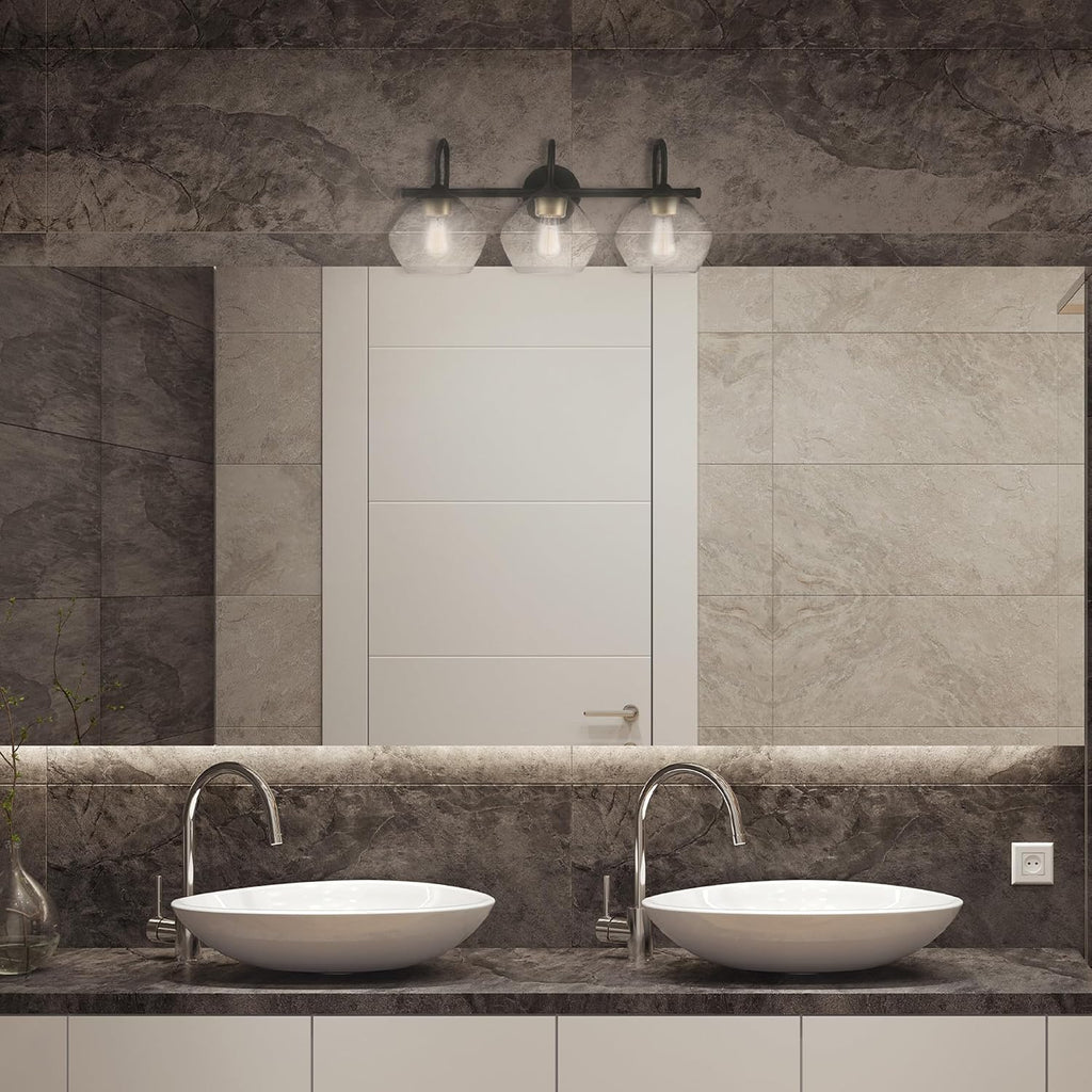 Globe Electric 51853 3-Light Vanity Light, Dark Bronze, Antique Brass Accents, Clear Glass Shade, Beauty Room Accessories, Bathroom Lights Over Mirror, Makeup Mirror Lights, Bulb Not Included