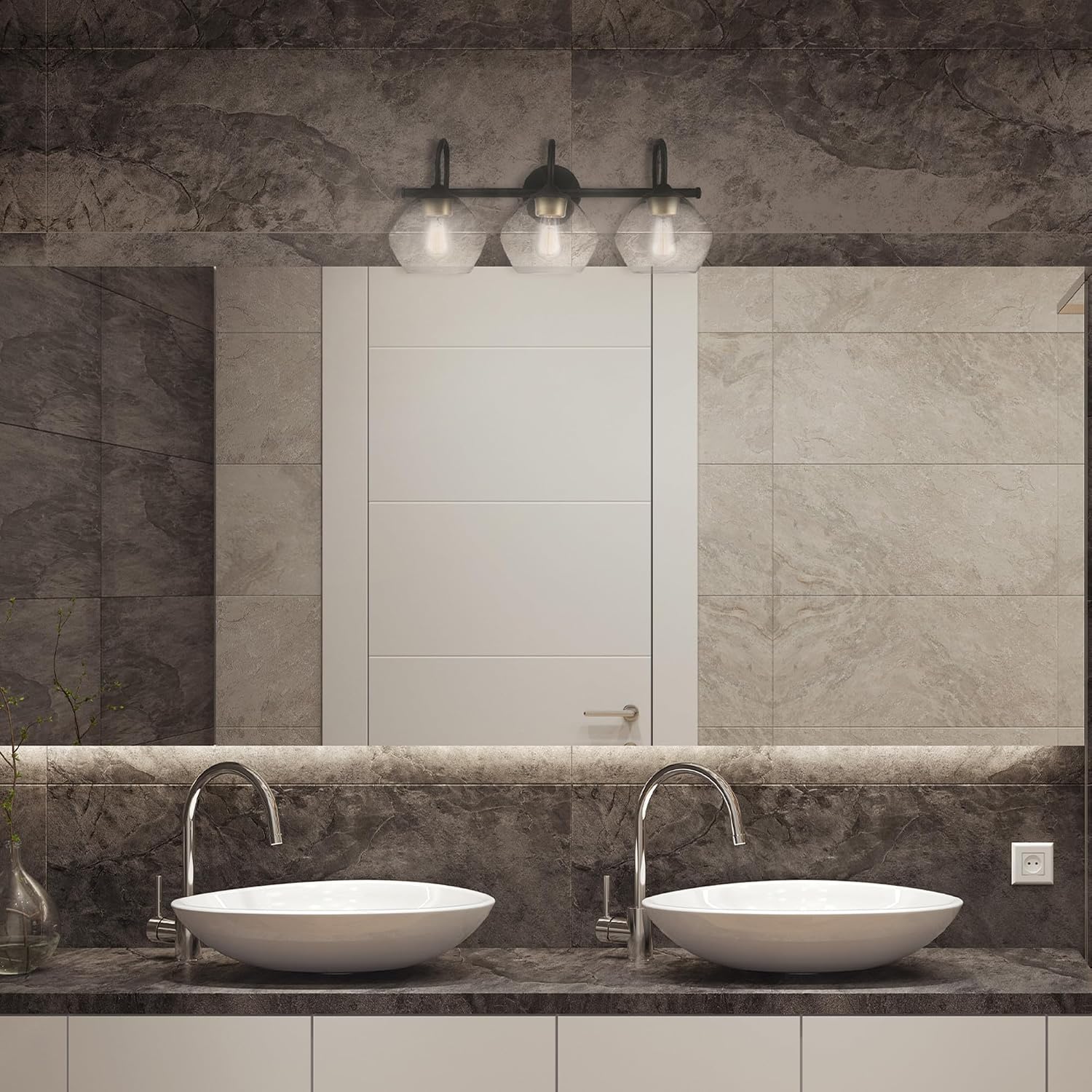 Globe Electric 51853 3-Light Vanity Light, Dark Bronze, Antique Brass Accents, Clear Glass Shade, Beauty Room Accessories, Bathroom Lights Over Mirror, Makeup Mirror Lights, Bulb Not Included