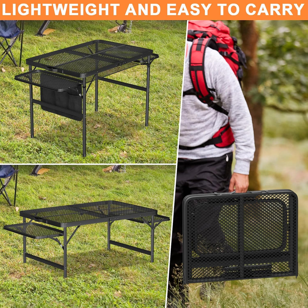 Portable Folding Picnic Table with Carry Handle, Outdoor Grill Camping Table with Mesh Bag, Side Tables, with Metal Grid Desktop Adjustable Height Folding Table, for Ninja Blackstone Flat Top Griddle