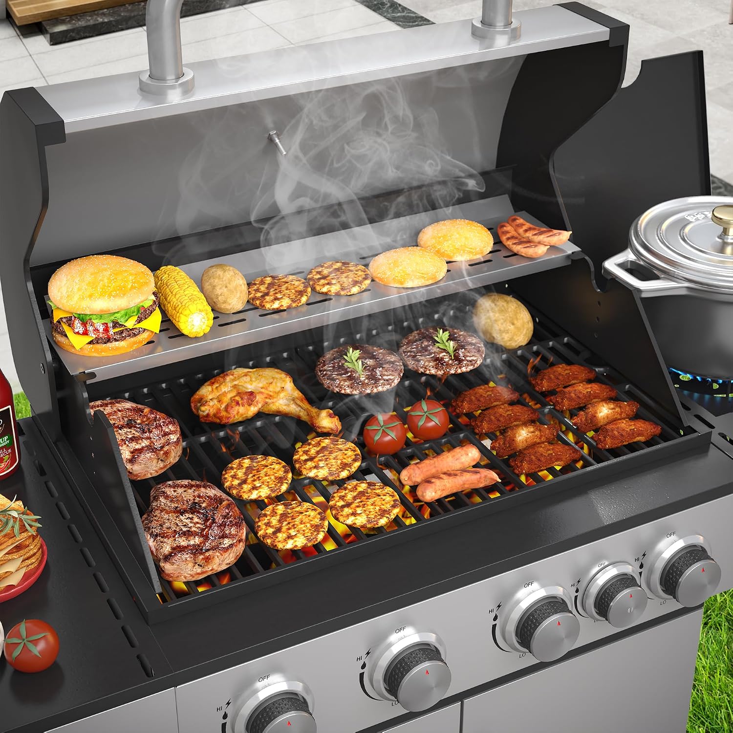 VICLLAX 4-Burner Propane Gas Grill with Porcelain-Enameled Grates, 545 sq. in XL Cooking Space, Easy-Clean Drip Tray & Storage Cabinet, Heavy-Duty Outdoor BBQ Grill for Backyard Parties