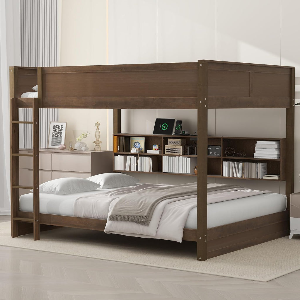 Queen Over Queen Bunk Bed with Built-in Shelves and USB Ports, Solid Wood Bunk Bed Frame with Safety Guardrail, for Kids Boys Girls Bedroom, No Box Spring Needed (Antique Wood Color)