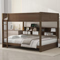 Queen Over Queen Bunk Bed with Built-in Shelves and USB Ports, Solid Wood Bunk Bed Frame with Safety Guardrail, for Kids Boys Girls Bedroom, No Box Spring Needed (Antique Wood Color)