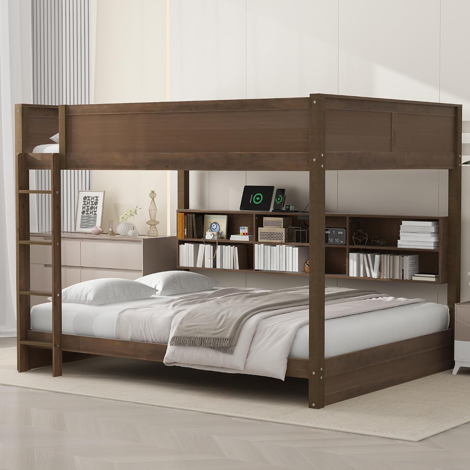 Queen Over Queen Bunk Bed with Built-in Shelves and USB Ports, Solid Wood Bunk Bed Frame with Safety Guardrail, for Kids Boys Girls Bedroom, No Box Spring Needed (Antique Wood Color)