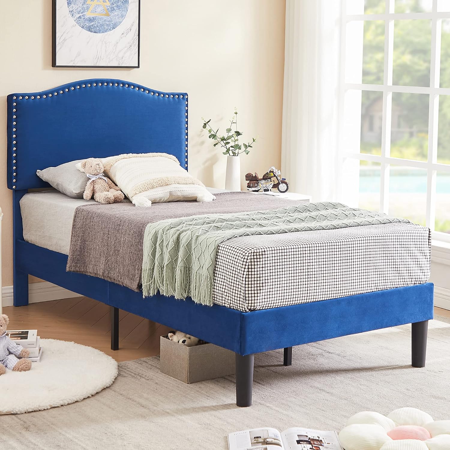 VECELO Twin Bed Frame, Platform Bed Frame with Adjustable Height Upholstered Headboard, Heavy-Duty Frame and Strong Wooden Slats Support, Non-Slip and Noise-Free, Easy Assembly, Dark Blue