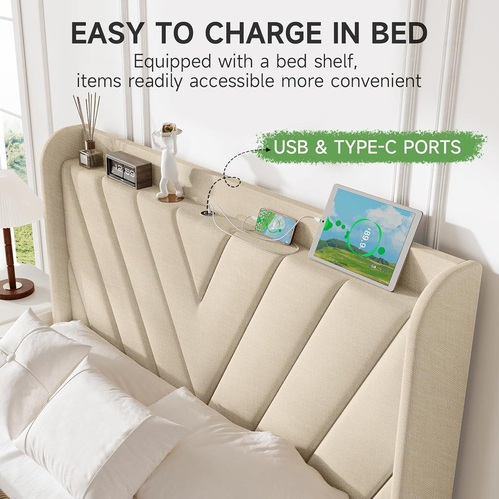 koorlian Full Size Bed Frame, Full Bed Frame with Headboard, Adjustable Upholstered Bed Frame with Type-C&USB Port, Wingback Storage Headboard, Noiseless, No Box Spring Needed, Beige