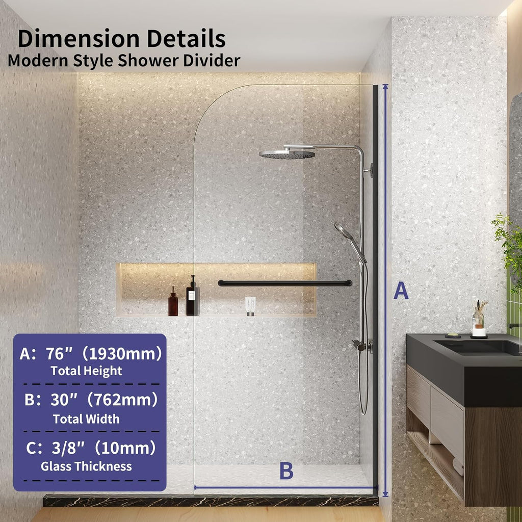 Dimaris Frameless Shower Door, 30W x 76H inches, 5/16 inch Clear Tempered Glass Panel, Matte Black, Shower Screen, Walk in Shower, Nano Coating