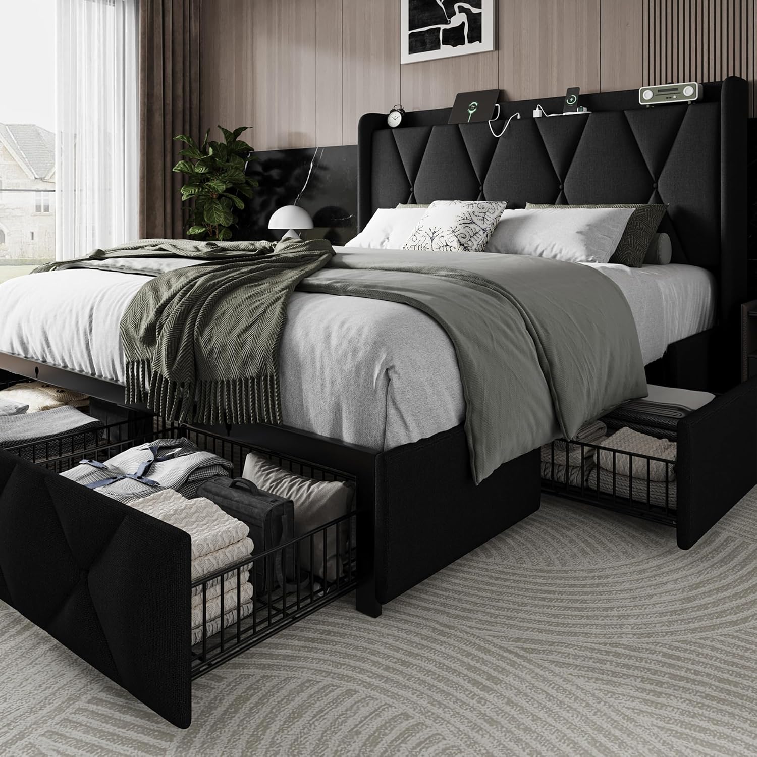 Einhomn Full Size Bed Frame with 4 Storage Drawers and Charging Station, Upholstered Platform Bed Frame with Storage Headboard, No Box Spring Needed, Easy Assembly, Black