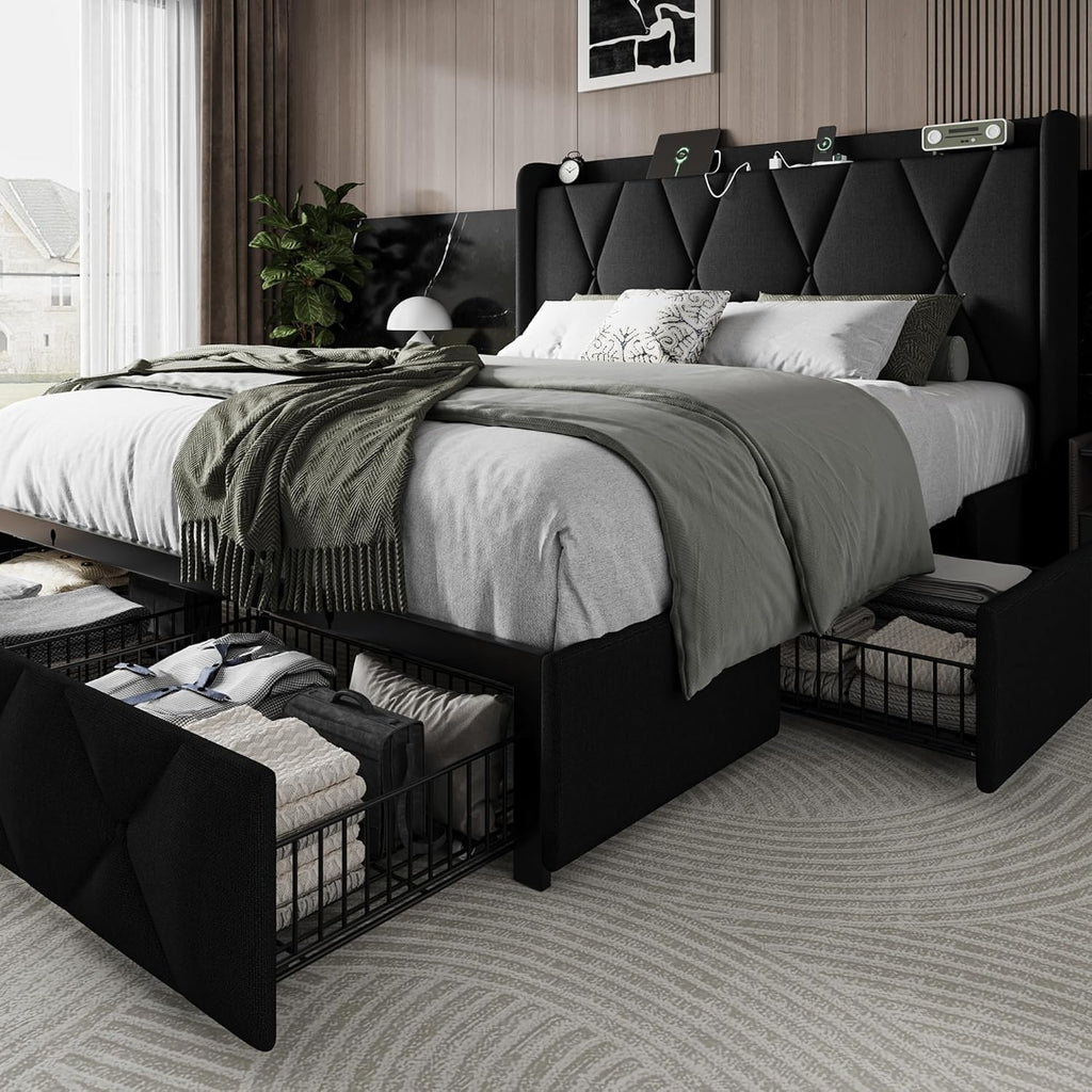 Einhomn Queen Bed Frame with 4 Storage Drawers and Charging Station, Upholstered Platform Bed Frame with Storage Headboard, No Box Spring Needed, Easy Assembly, Black