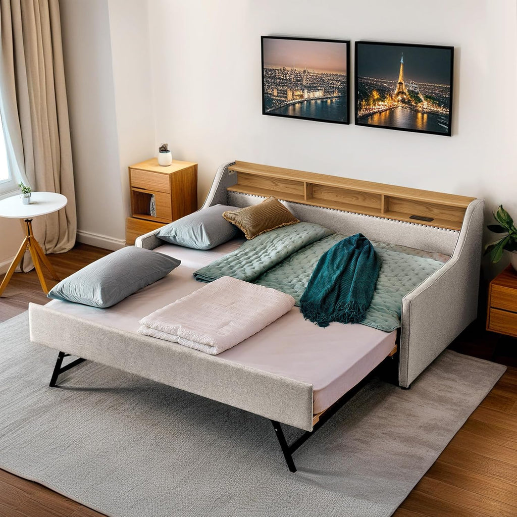 Twin Daybed w/Pop Up Trundle & Wireless Charger, Upholstered Sofa Day Bed Frame w/LED/USB/Type C/Storage Headboard, Twin to King Trundle Bed for Bedroom, Living Room, No Box Spring Needed, Beige