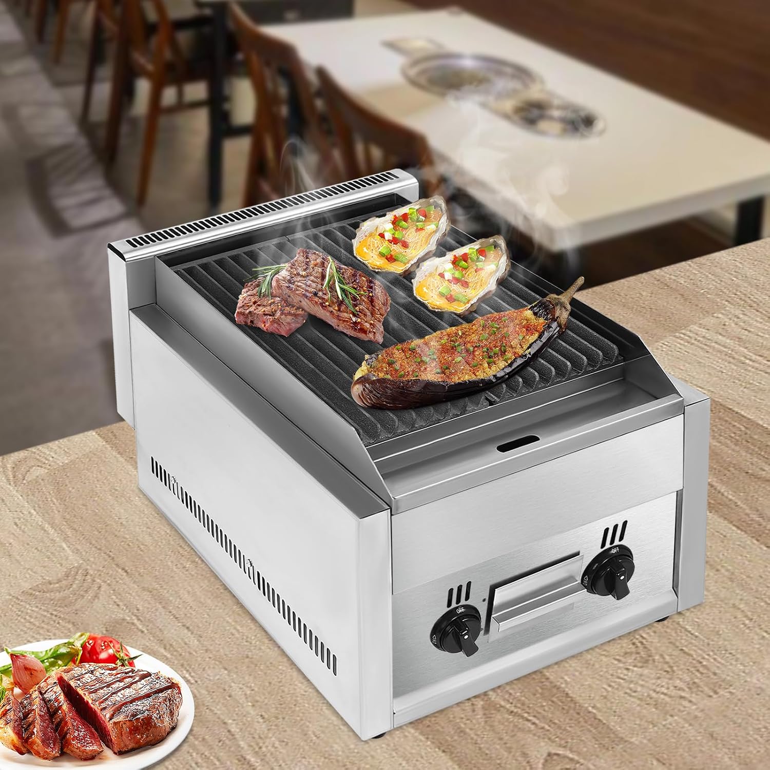 21' Commercial Countertop Gas Grill,2 Burner Gas & Propane Charbroile Restaurant Equipment BBQ 60TU/hr Outdoor Cooking Stainless Steel Griddle Adjustable Temperature Barbecue for Garden Patio